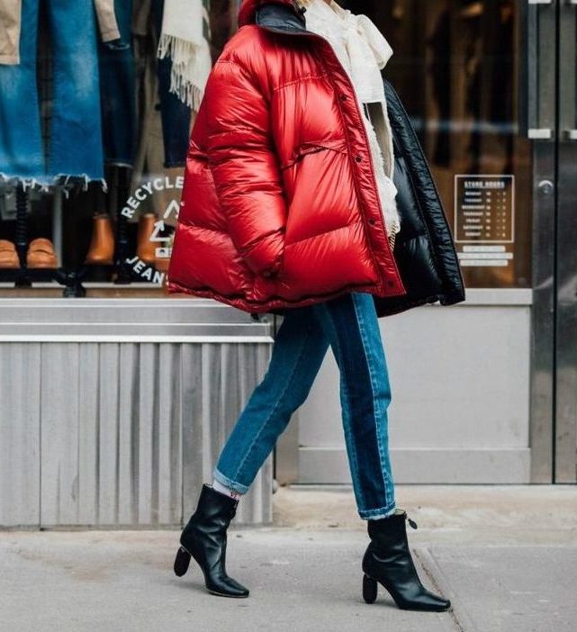 Puffer jacket and jeans