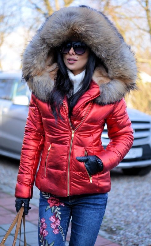 Red down jacket with fur