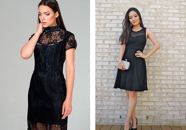 Black dresses decorated with lace and mesh