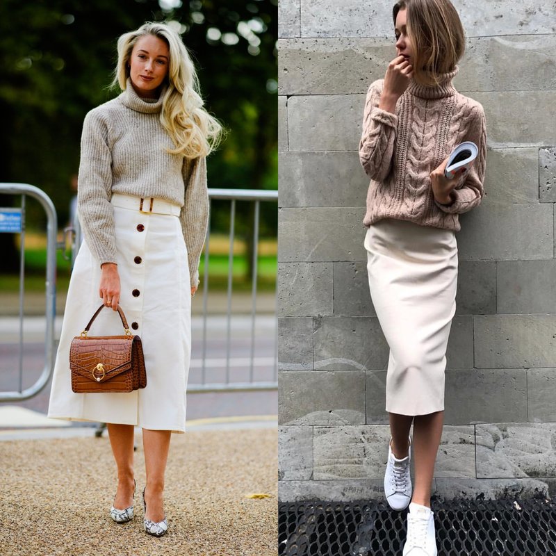 Spring sweater combined with a midi skirt