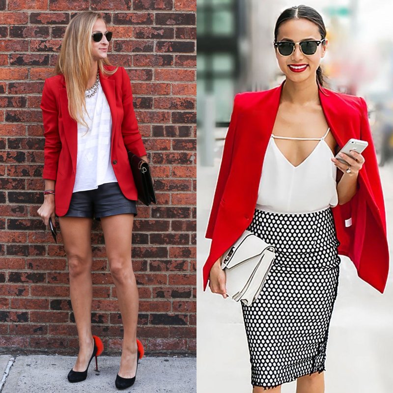 Stylish spring bows in a bright red jacket