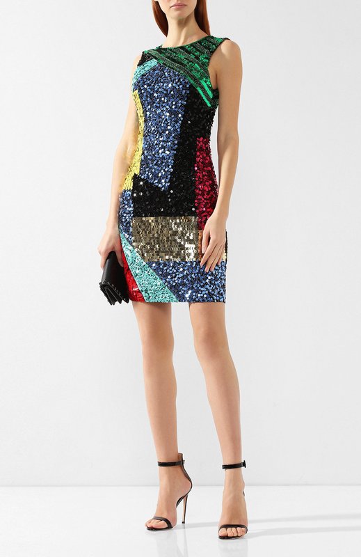 Dress with multi-colored sequins arranged asymmetrically