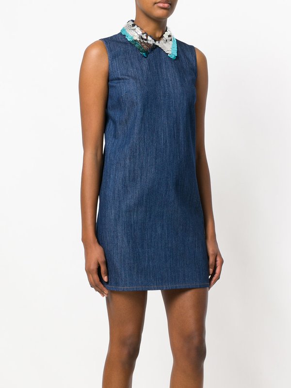 Denim dress with sequins on the collar