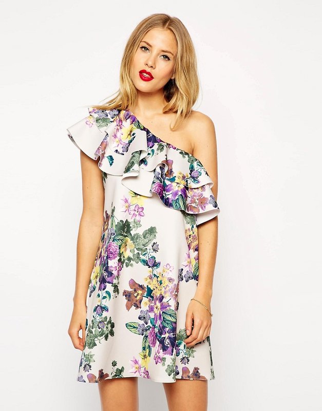 Floral print one shoulder frill dress