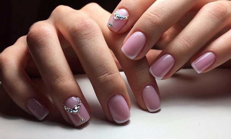 French manicure with volume rhinestones