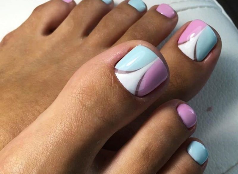 White gel polish with pink and blue