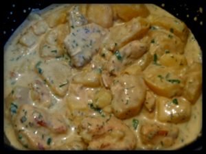 Slow cooked pork in creamy garlic sauce