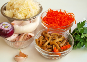 Winter squid salad with sauerkraut