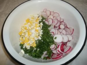 Spring salad with radishes, eggs and onions