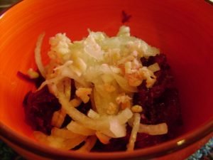 Beetroot salad with garlic and pickled onions