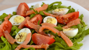 Arugula, tomato, quail egg and trout salad