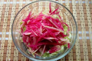 Meat salad with watermelon radish and Beijing cabbage