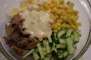 Liver Salad with Corn and Cucumber