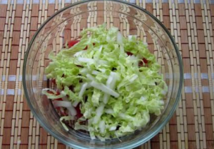 Meat salad with watermelon radish and Beijing cabbage