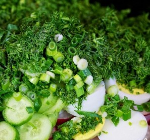 Salad with radish, fresh cucumber and egg