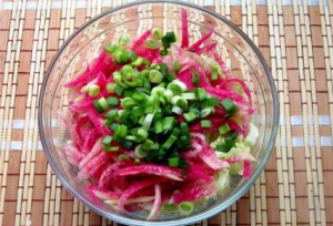 Meat salad with watermelon radish and Beijing cabbage