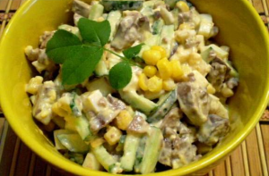 Liver Salad with Corn and Cucumber