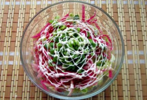 Meat salad with watermelon radish and Beijing cabbage