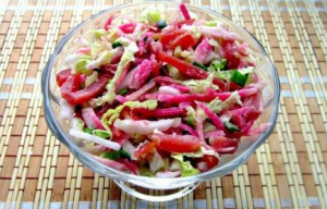 Meat salad with watermelon radish and Beijing cabbage