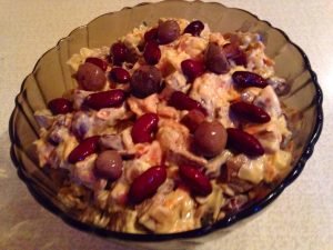 Salad with liver, mushrooms and red beans