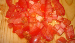 Salad with crab sticks, tomatoes and ketchup