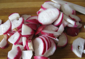 Salad with radish, Beijing cabbage, cucumber and tomato