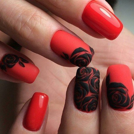 Red and black manicure with lace