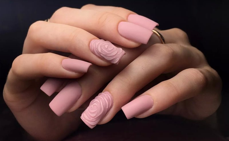 Matte nude manicure with 3D roses