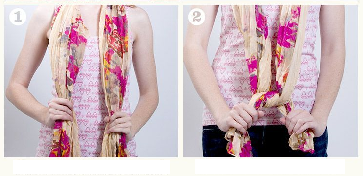 Steps 1 and 2 in tying a scarf in an Infinity knot