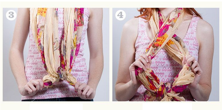 Steps 3 and 4 on tying a scarf in an Infinity knot