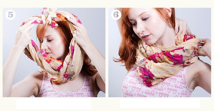 Steps 5 and 6 when tying a scarf in an Infinity knot