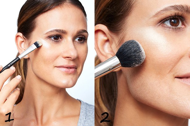 Applying cream highlighter on cheekbones. On top of it we apply a powdery illuminator.