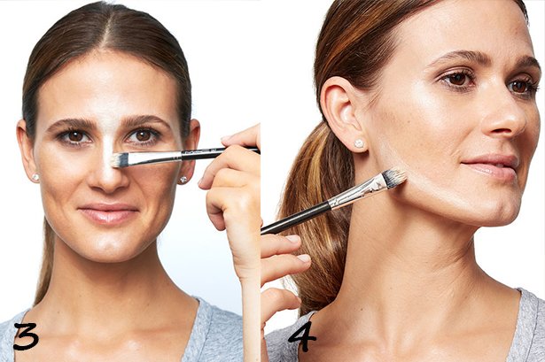 Lighten the nose with a cream highlighter, then lighten the lower contour of the cheekbones.