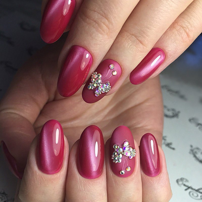 Pink manicure with shellac and rhinestones