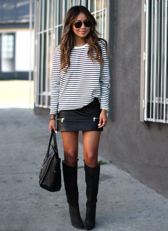 Girl in a horizontal striped sweater and miniskirt