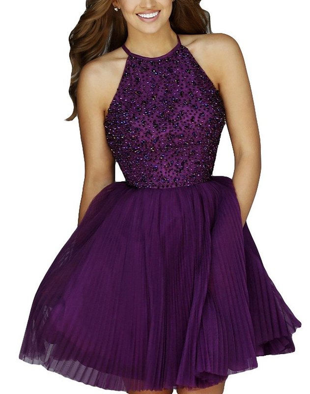 Girl in a purple cocktail dress with rhinestones on the bodice