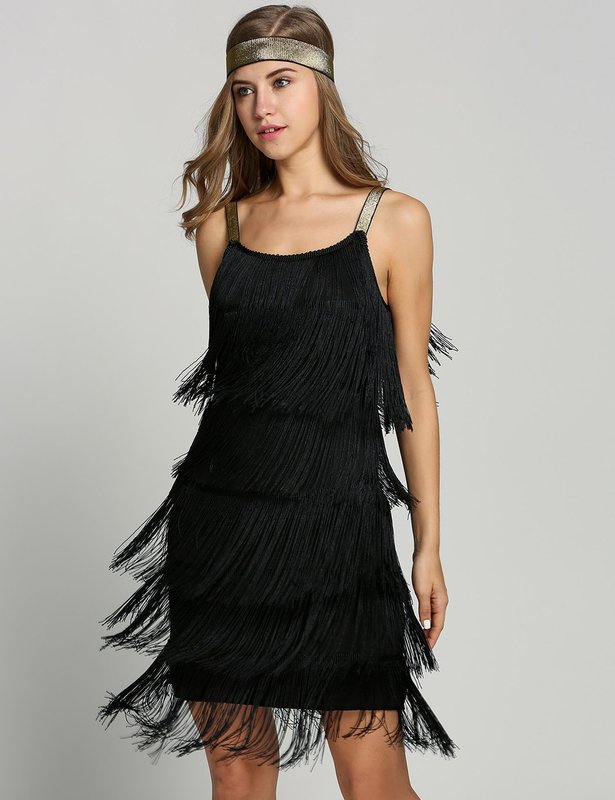 Girl in a cocktail dress with a fringe along the entire length of the dress