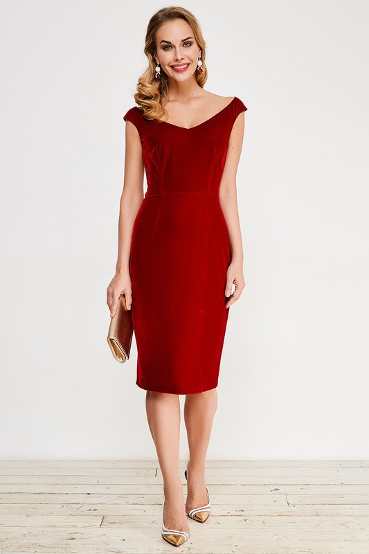 Girl in a red cocktail dress sheath with a boat neckline