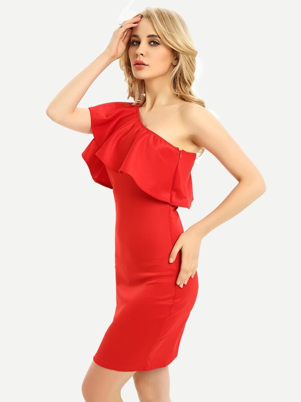 Girl in a red dress with one open shoulder