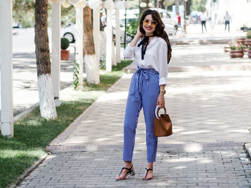 Striped pants with a belt