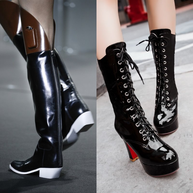 Models of high patent leather boots