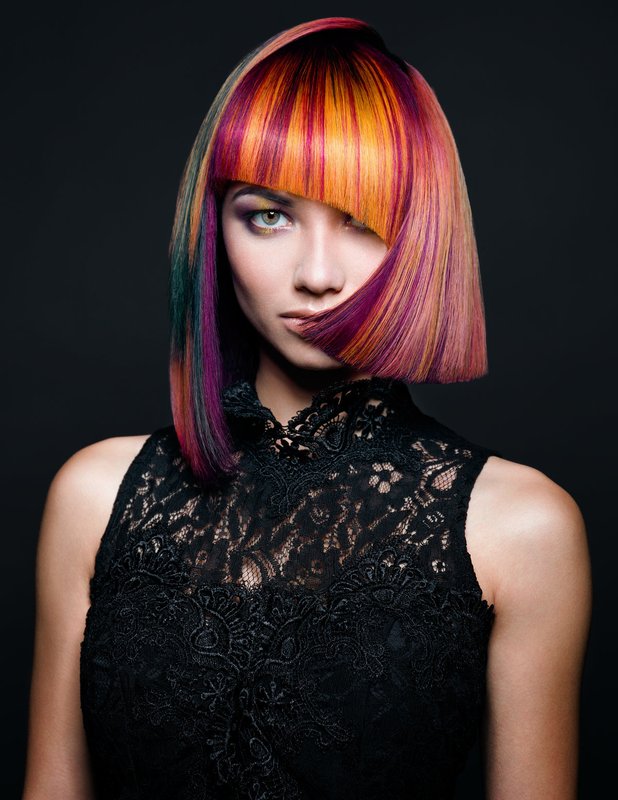 Asymmetric square with asymmetric bangs combined with creative staining