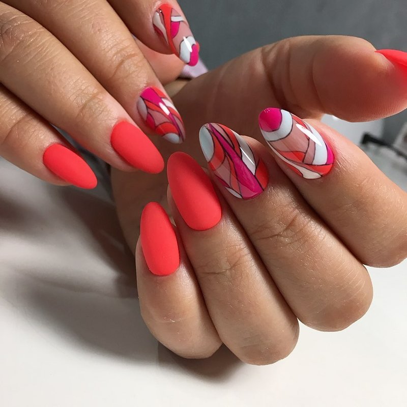 Juicy neon nails with mosaic design.