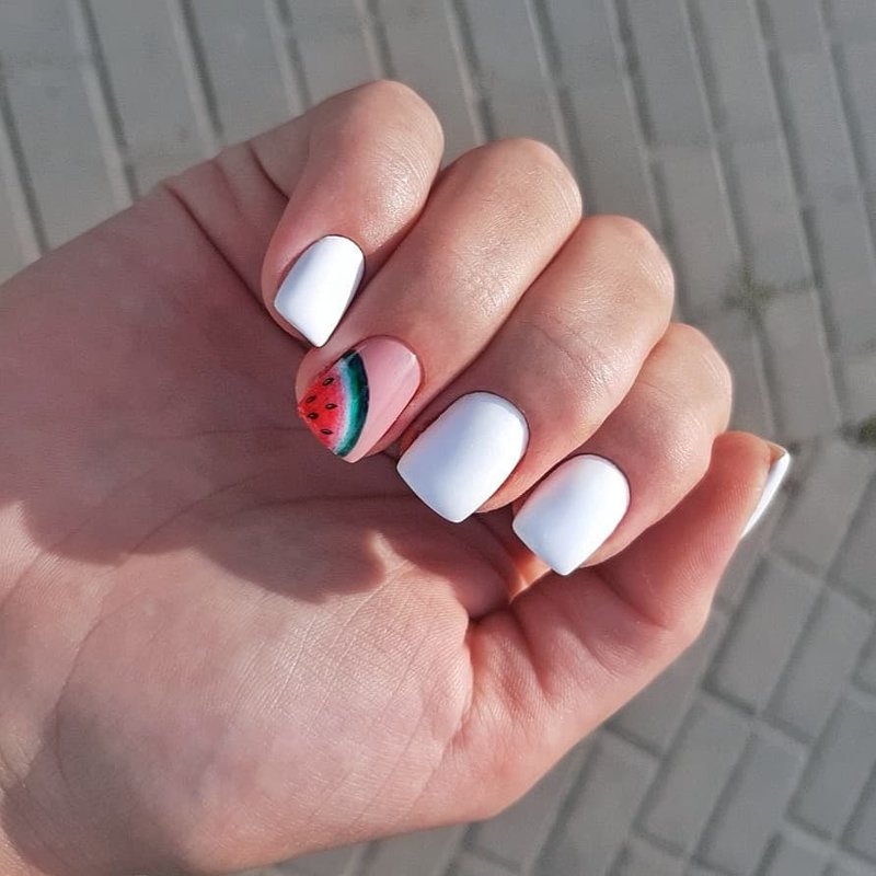 white manicure with fruits