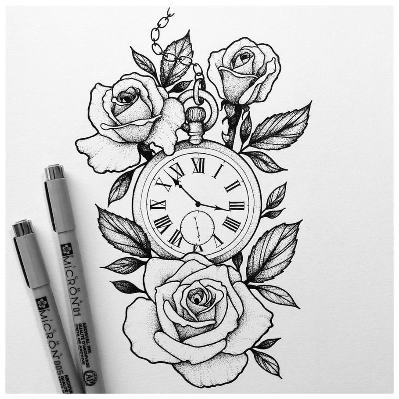 Sketch of a tattoo with a clock and roses