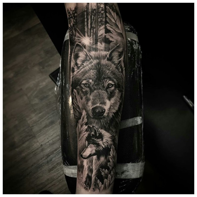 Beautiful wolf tattoo on a man’s arm