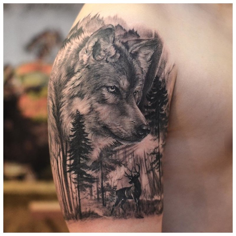 Wolf in the forest - tattoo on the shoulder of a man