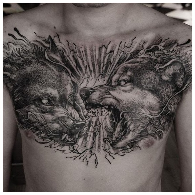 2 wolves - tattoo on the chest