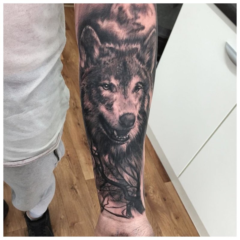 Open mouth of a wolf - tattoo on a man’s hand