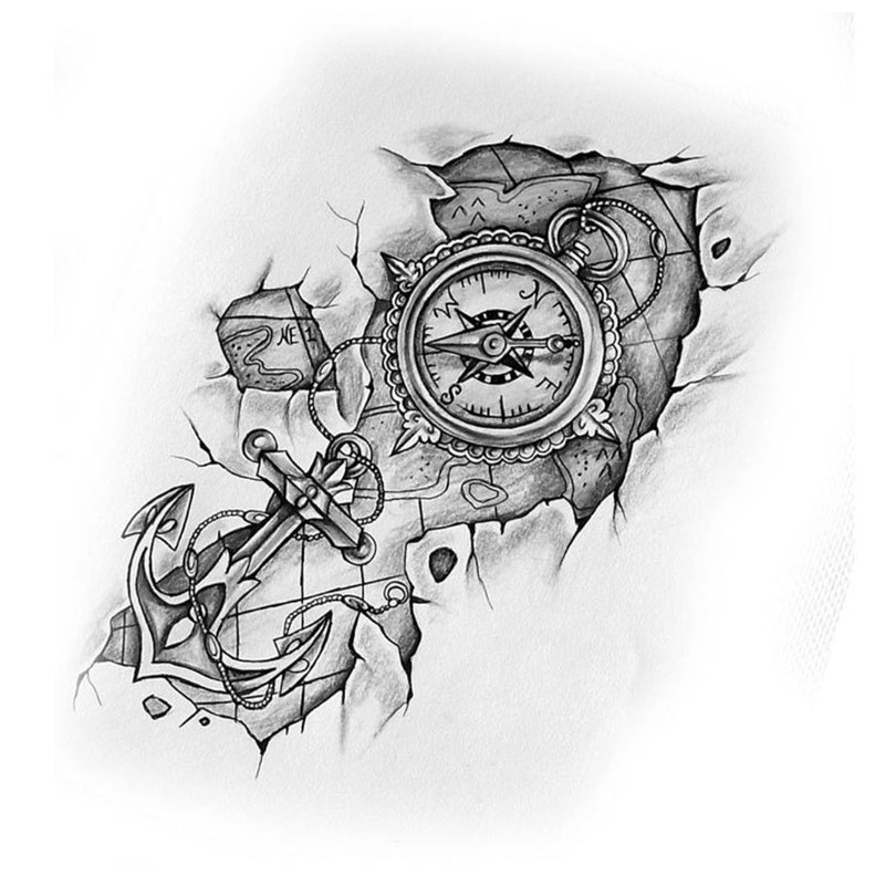 Sketch with a compass and an anchor